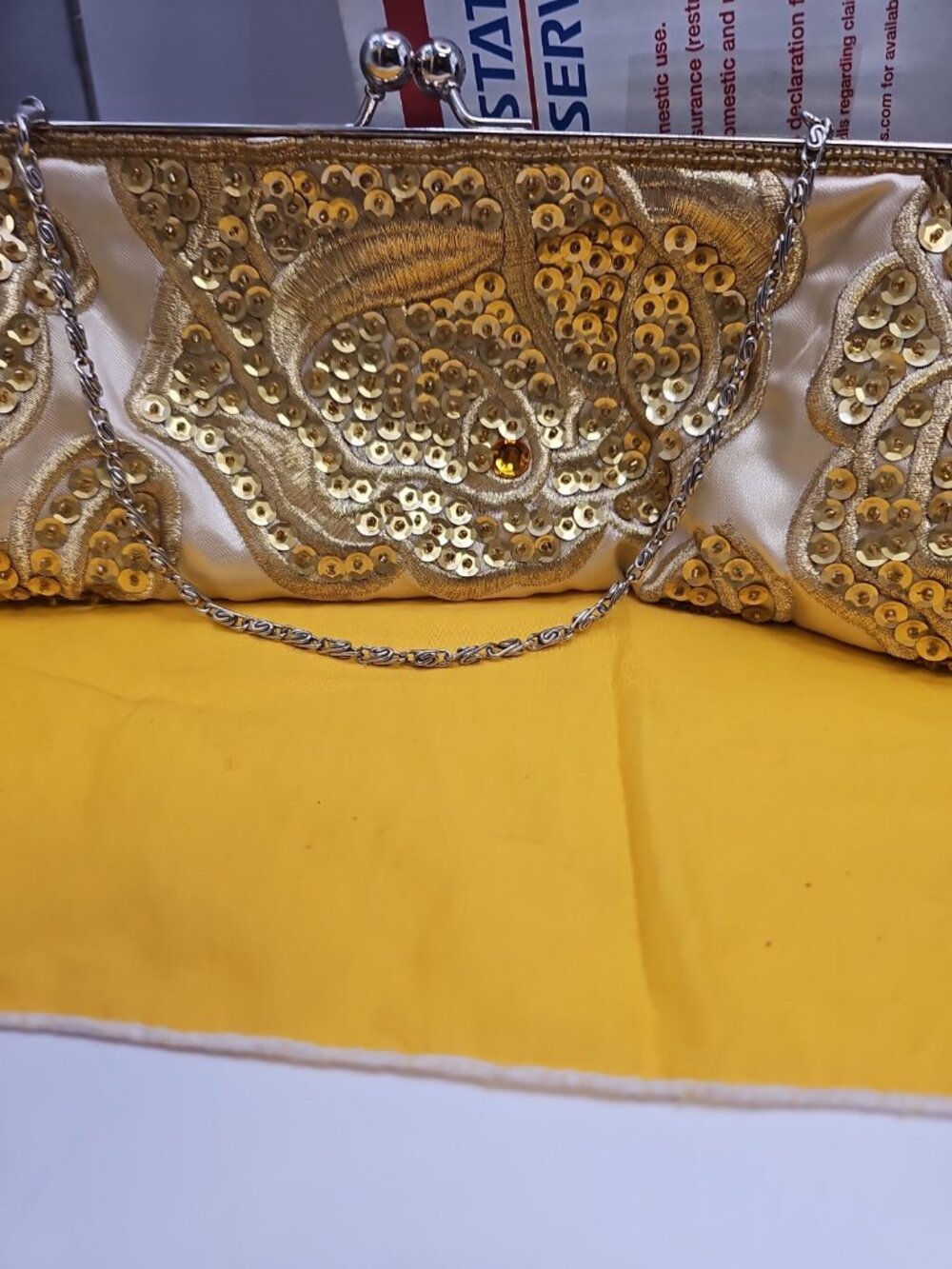 evening bag for women Apt.9 Gold Satin W/ Sequins & Beads Kiss Snap Detachable